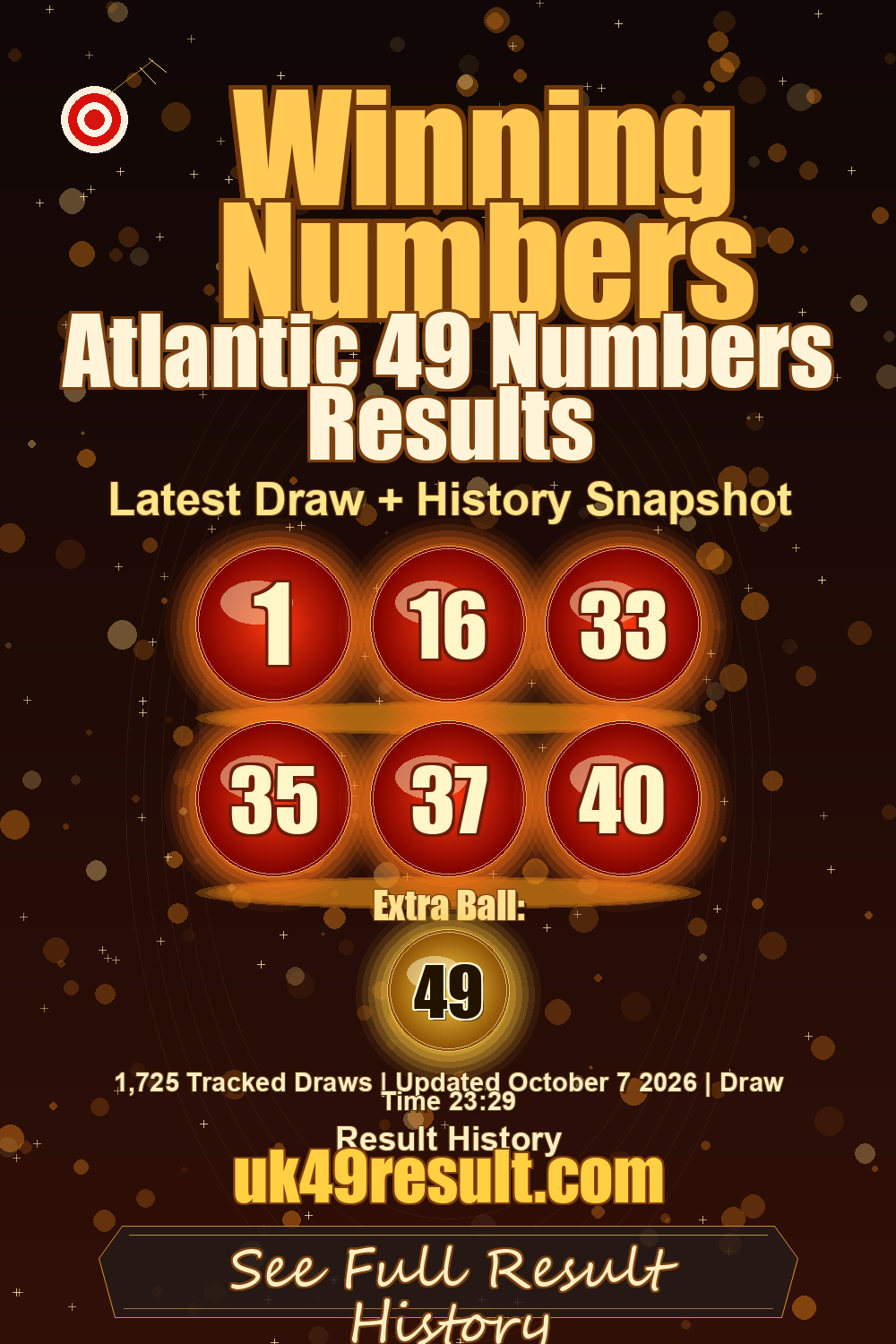 Atlantic 49 Numbers Results image showing 1, 16, 33, 35, 37, 40. extra ball: 49