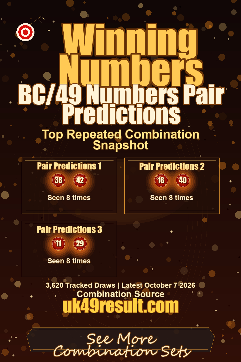 BC/49 Numbers Pair Predictions image showing pair predictions 1: 38, 42. pair predictions 2: 16, 40. pair predictions 3: 11, 29