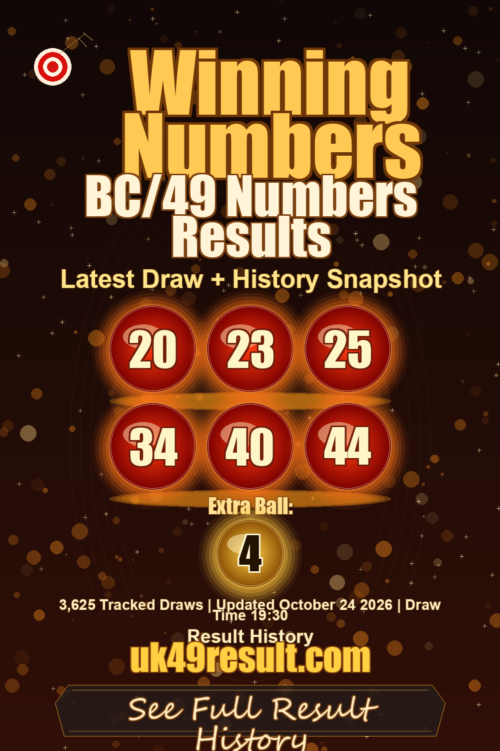 BC/49 Numbers Results image showing 20, 23, 25, 34, 40, 44. extra ball: 4
