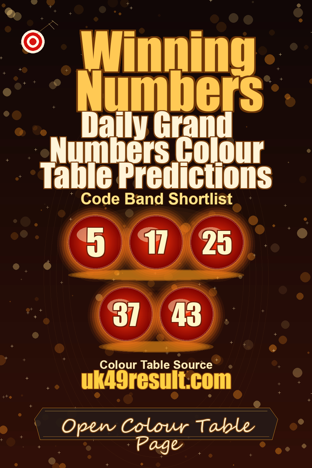 Daily Grand Numbers Colour Table Predictions image showing 5, 17, 25, 37, 43