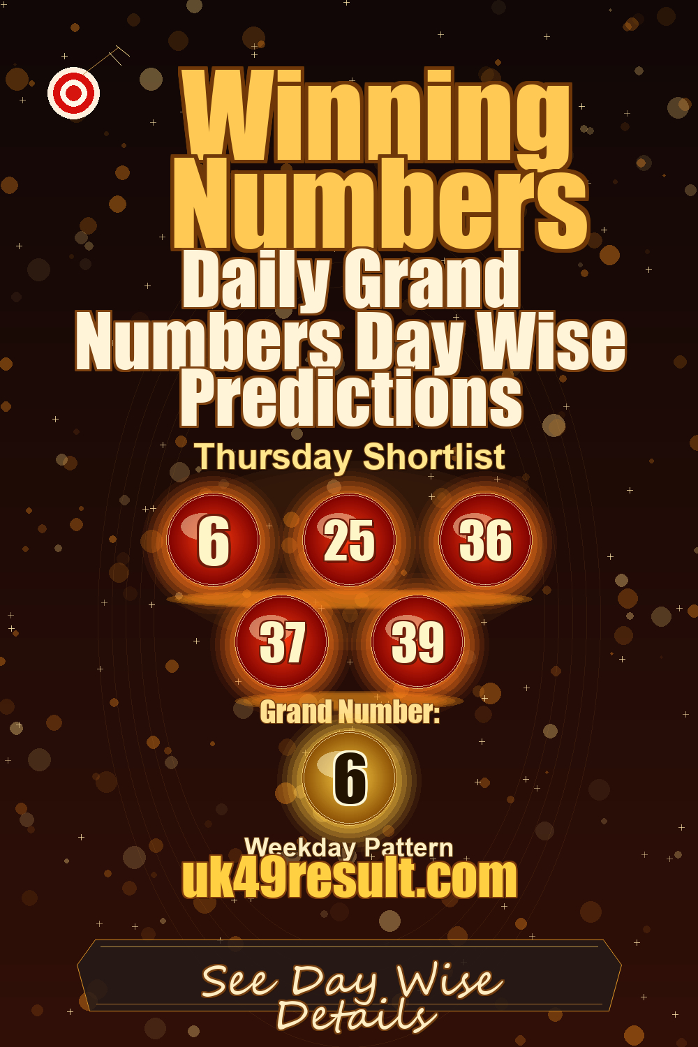 Daily Grand Numbers Day Wise Predictions image showing 6, 25, 36, 37, 39. grand number: 6