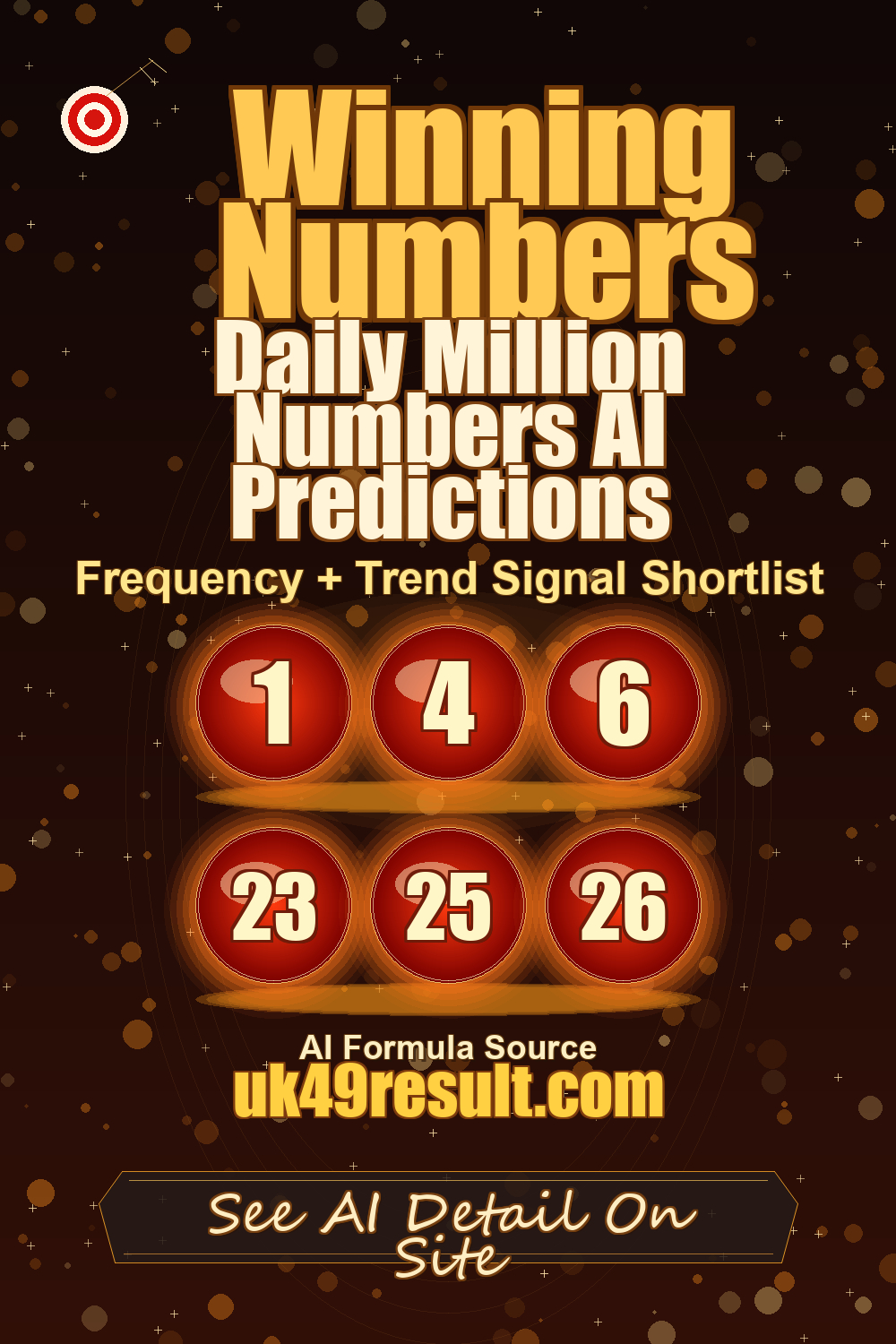 Daily Million Numbers AI Predictions image showing 1, 4, 6, 23, 25, 26
