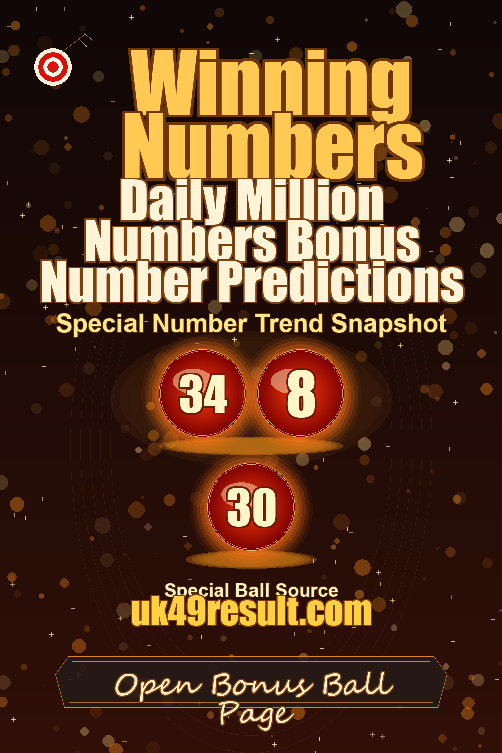 Daily Million Numbers Bonus Number Predictions image showing bonus ball: 34, 8, 30