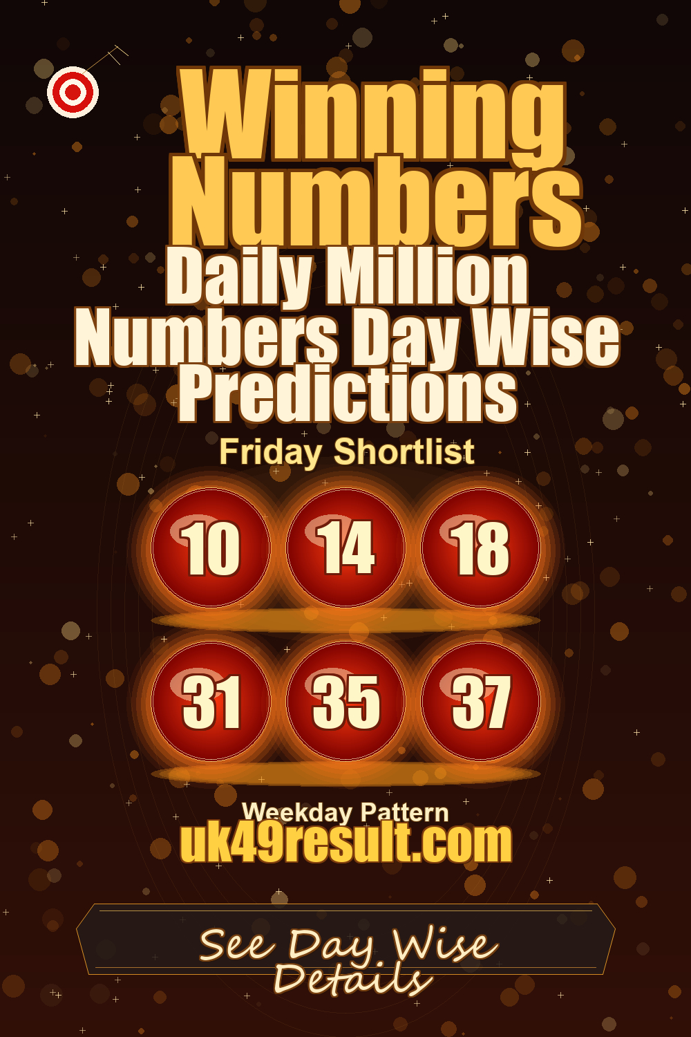 Daily Million Numbers Day Wise Predictions image showing 10, 14, 18, 31, 35, 37