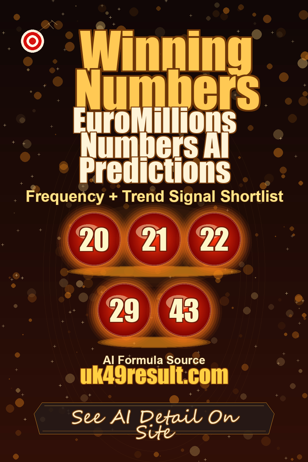 EuroMillions Numbers AI Predictions image showing 20, 21, 22, 29, 43
