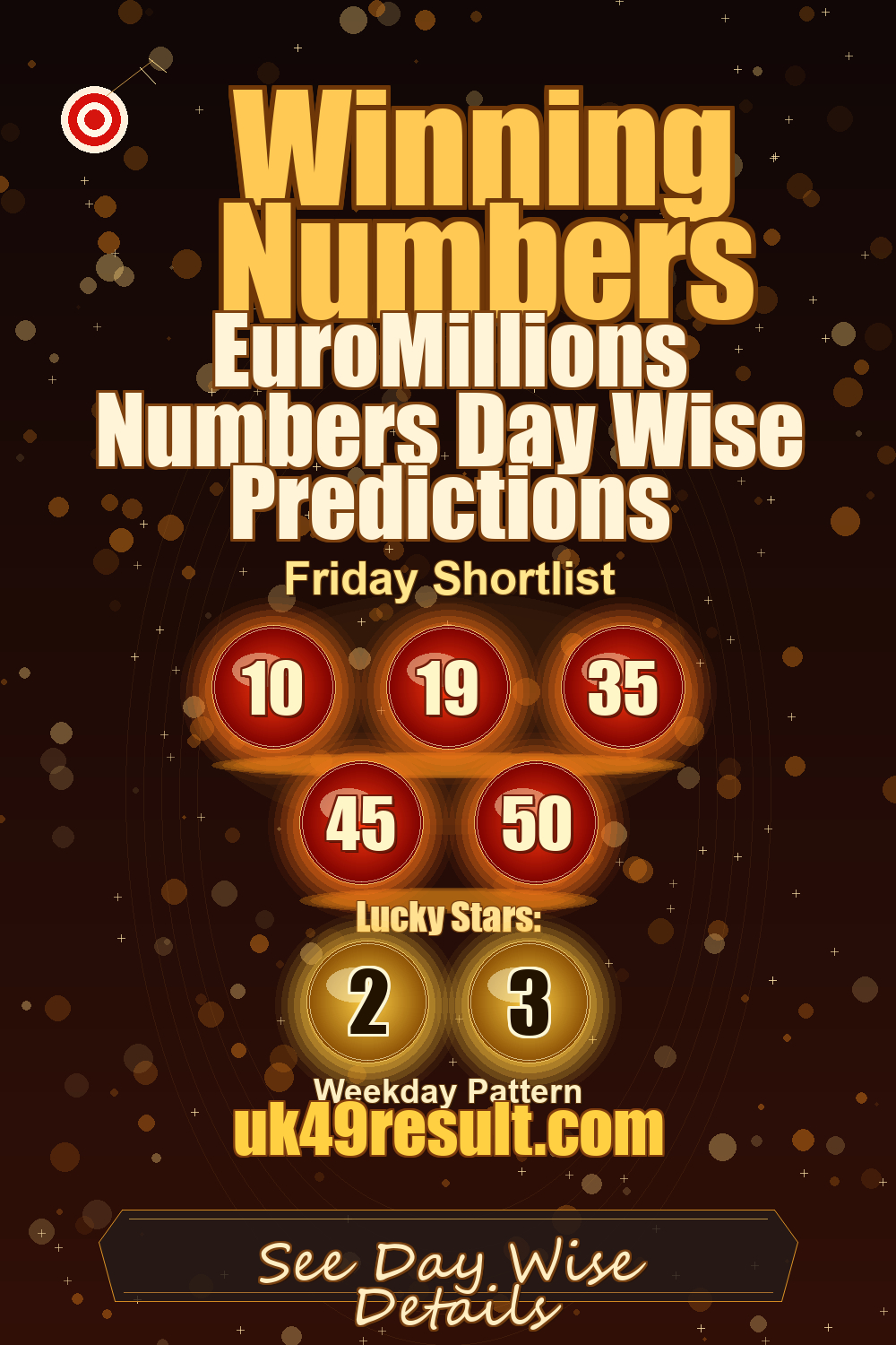 EuroMillions Numbers Day Wise Predictions image showing 10, 19, 35, 45, 50. lucky stars: 2, 3