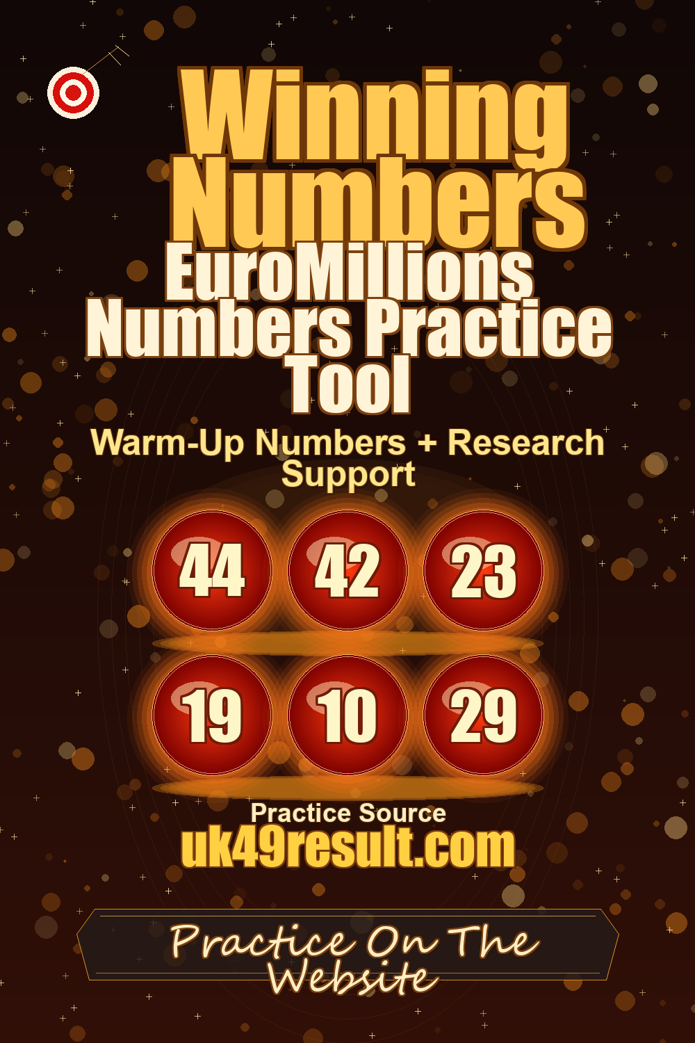 EuroMillions Numbers Practice Tool image showing 44, 42, 23, 19, 10, 29