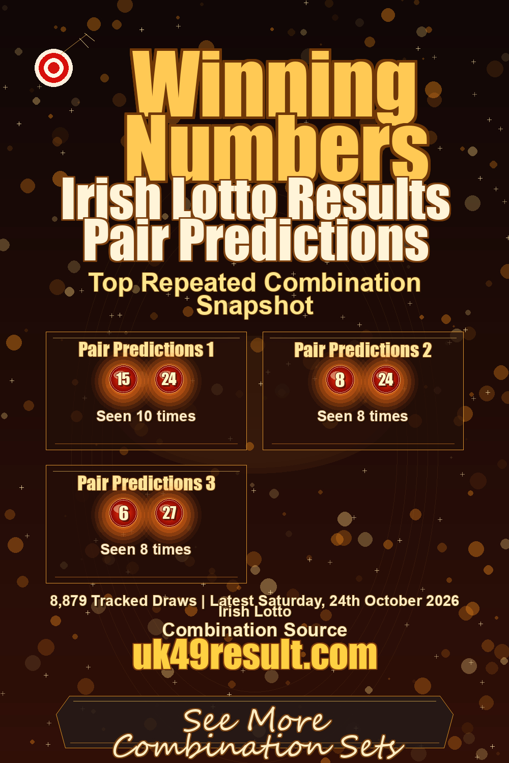 Irish Lotto Results Pair Predictions image showing pair predictions 1: 15, 24. pair predictions 2: 8, 24. pair predictions 3: 6, 27
