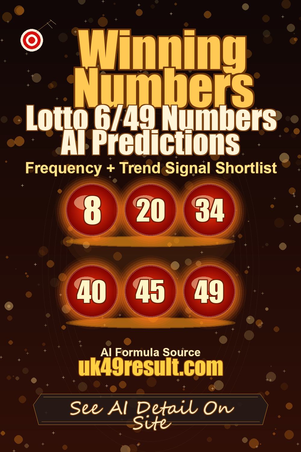 Lotto 6/49 Numbers AI Predictions image showing 8, 20, 34, 40, 45, 49