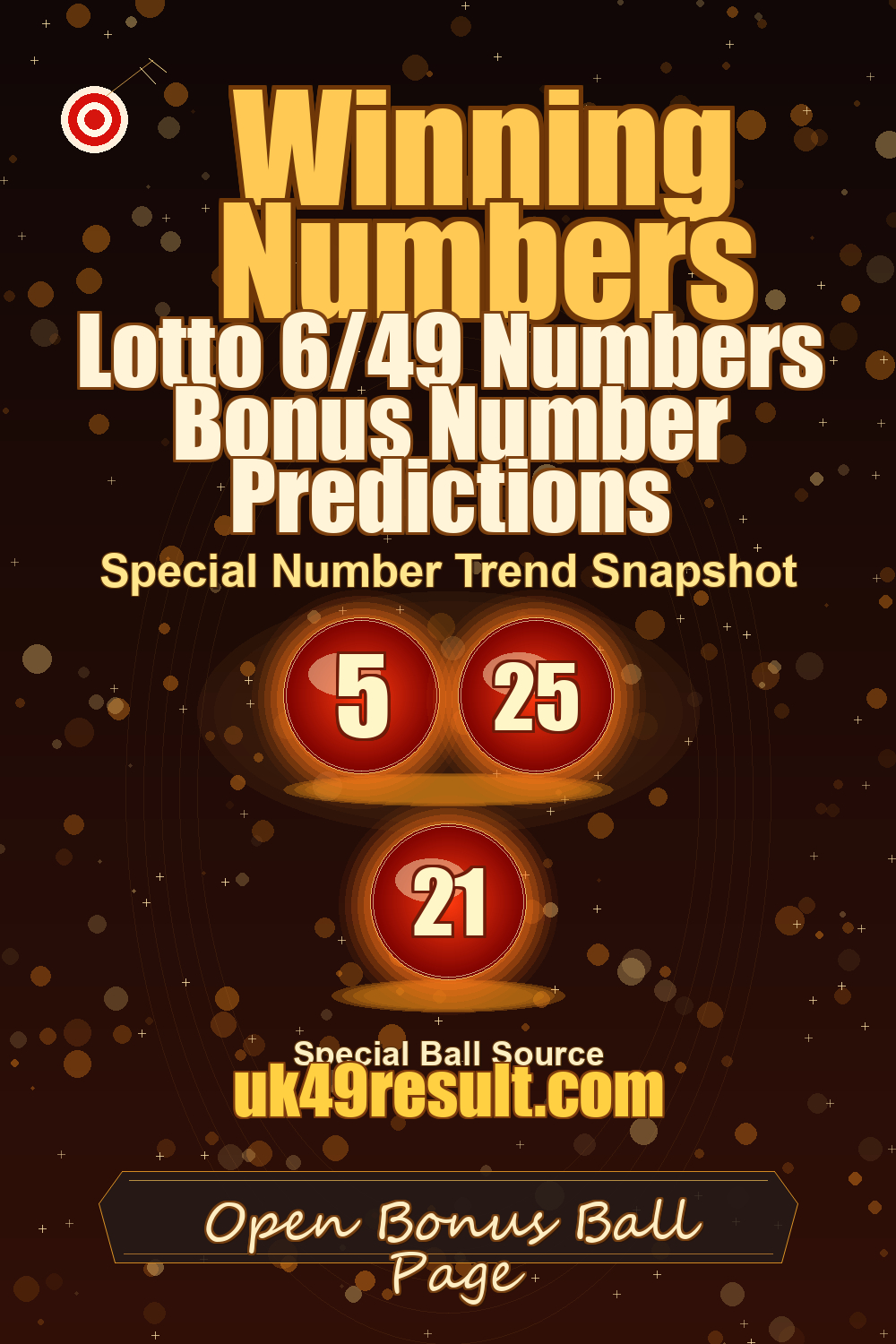 Lotto 6/49 Numbers Bonus Number Predictions image showing extra ball: 5, 25, 21