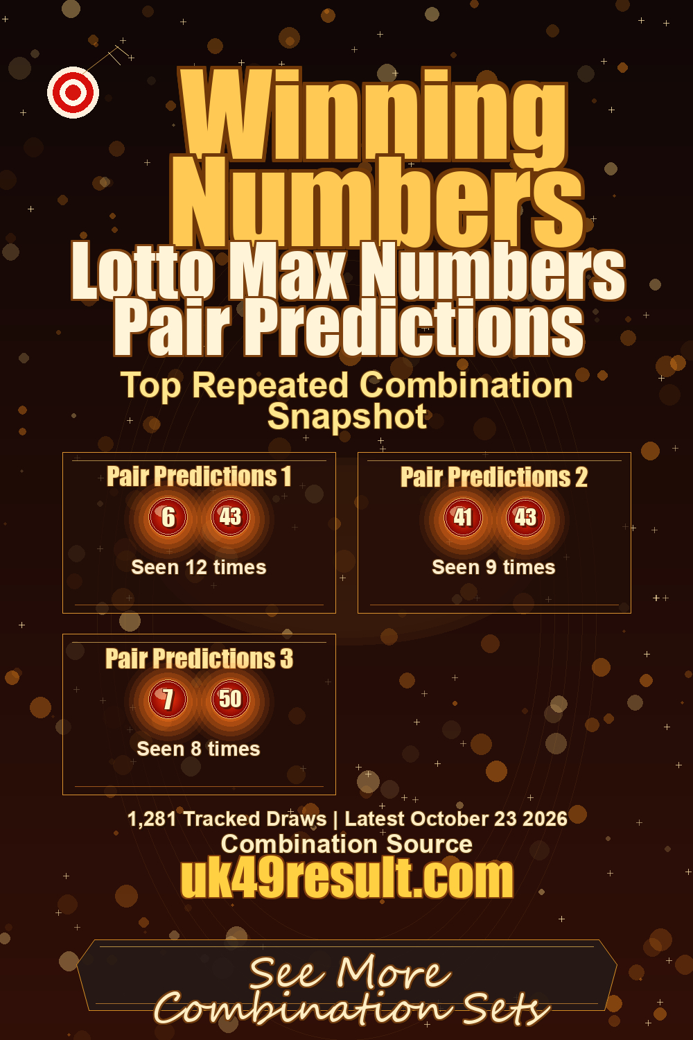 Lotto Max Numbers Pair Predictions image showing pair predictions 1: 6, 43. pair predictions 2: 41, 43. pair predictions 3: 7, 50