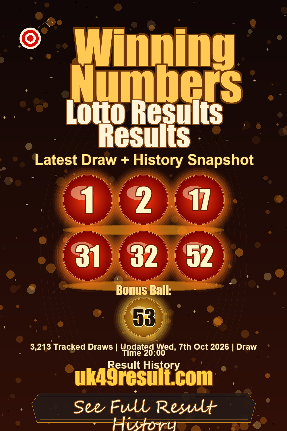 Lotto Results Results image showing 1, 2, 17, 31, 32, 52. bonus ball: 53