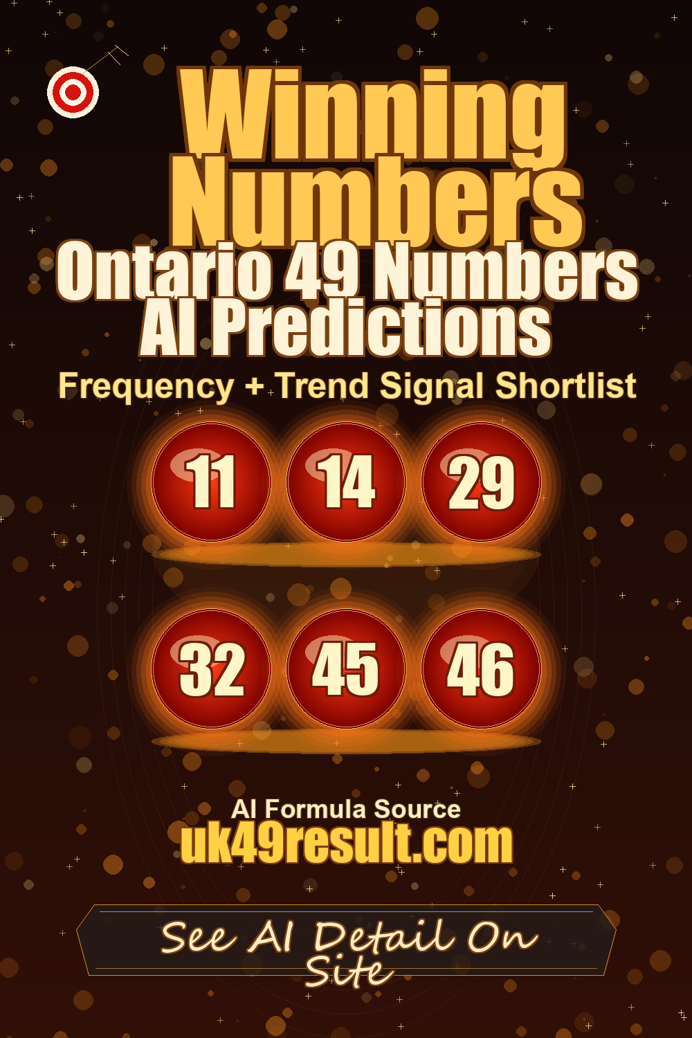 Ontario 49 Numbers AI Predictions image showing 11, 14, 29, 32, 45, 46