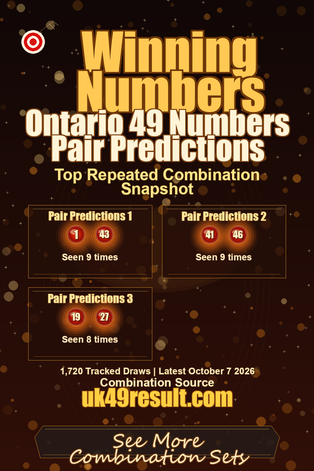 Ontario 49 Numbers Pair Predictions image showing pair predictions 1: 1, 43. pair predictions 2: 41, 46. pair predictions 3: 19, 27