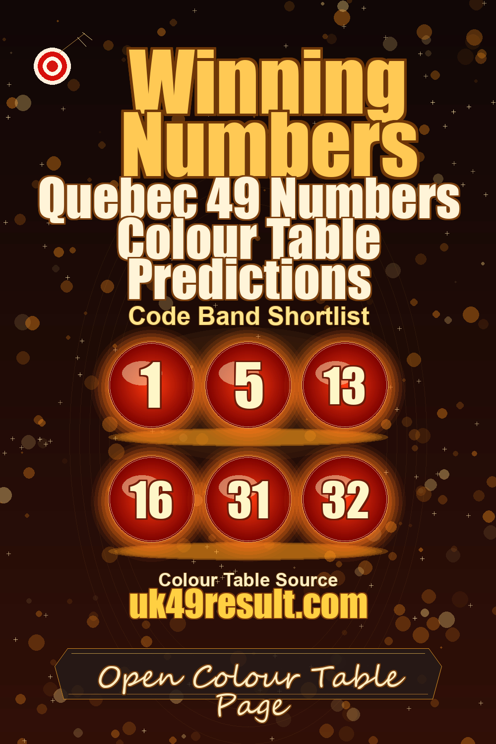 Quebec 49 Numbers Colour Table Predictions image showing 1, 5, 13, 16, 31, 32