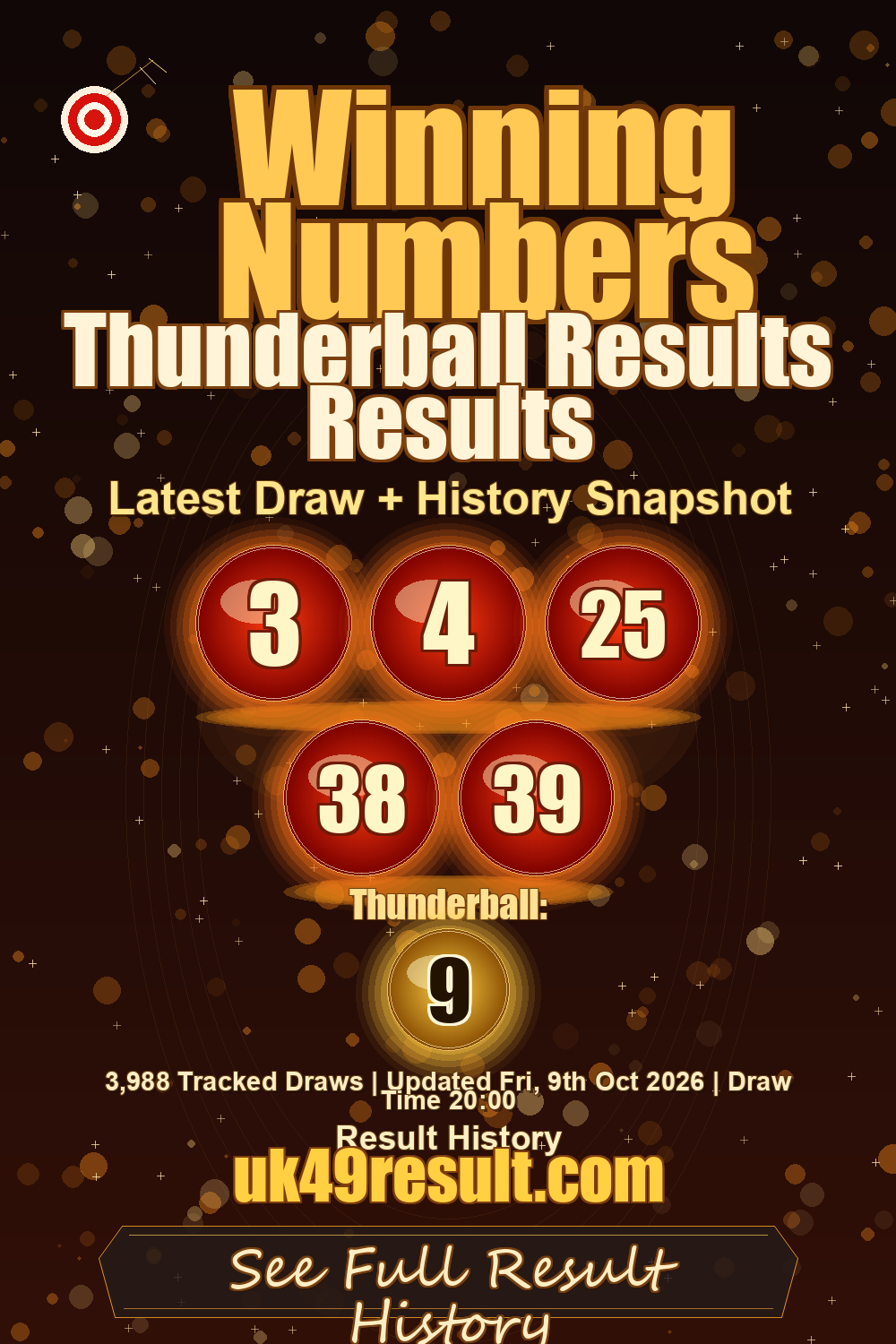 Thunderball Results Results image showing 3, 4, 25, 38, 39. thunderball: 9