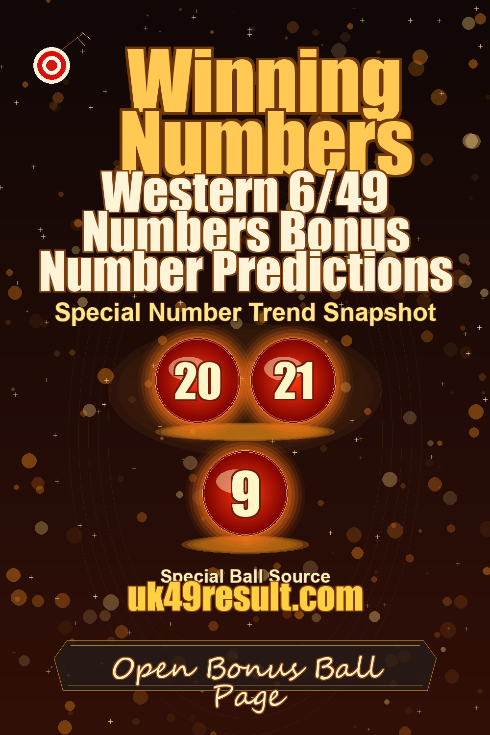 Western 6/49 Numbers Bonus Number Predictions image showing extra ball: 20, 21, 9