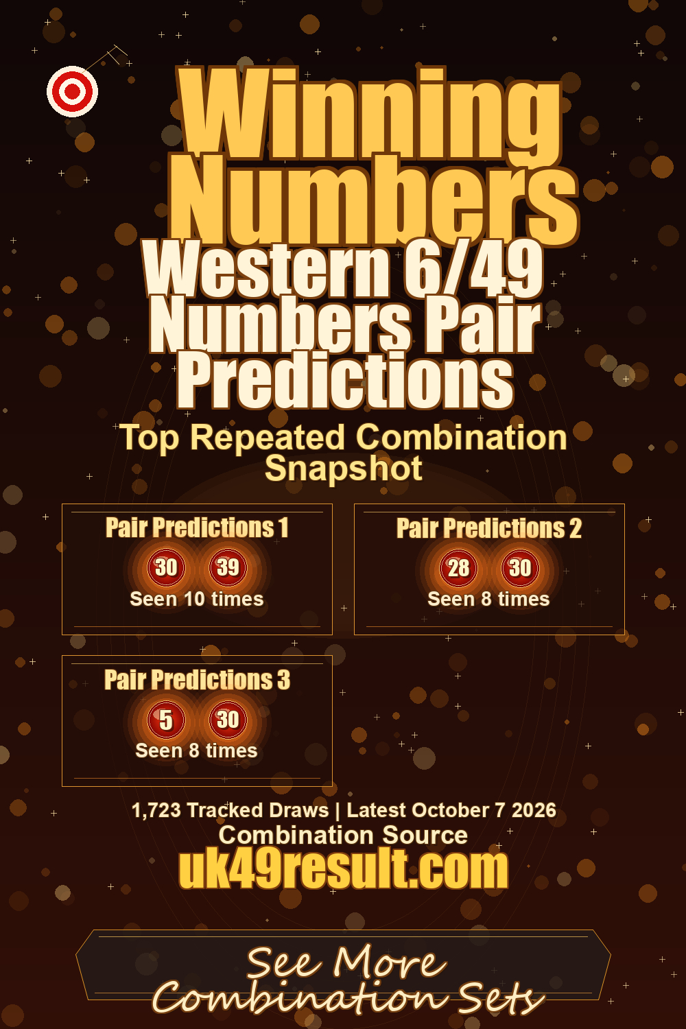Western 6/49 Numbers Pair Predictions image showing pair predictions 1: 30, 39. pair predictions 2: 28, 30. pair predictions 3: 5, 30